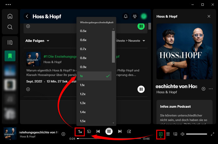 Spotify Podcast Geschwindigkeit ändern auf dem PC 