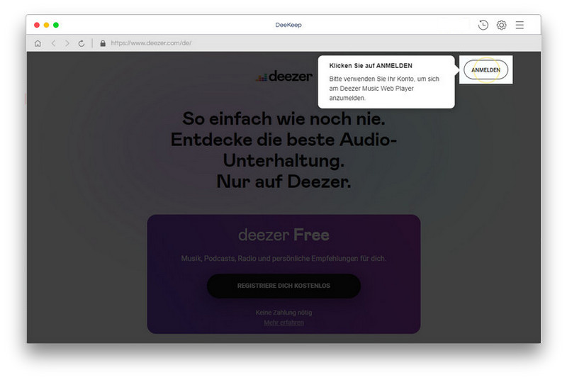 sich bei Deezer-Konto anmelden