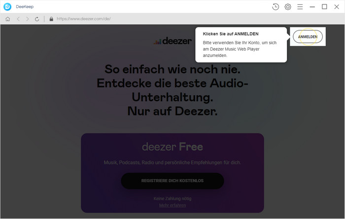 sich bei Deezer-Konto anmelden