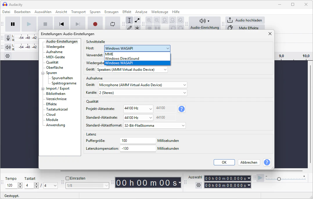 Audacity: Audio-Host auf WASAPI umstellen