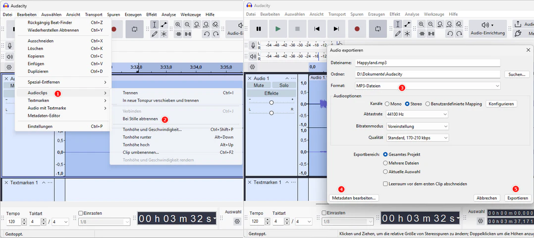 Audacity: Spotify Song trennen und als MP3 exportieren