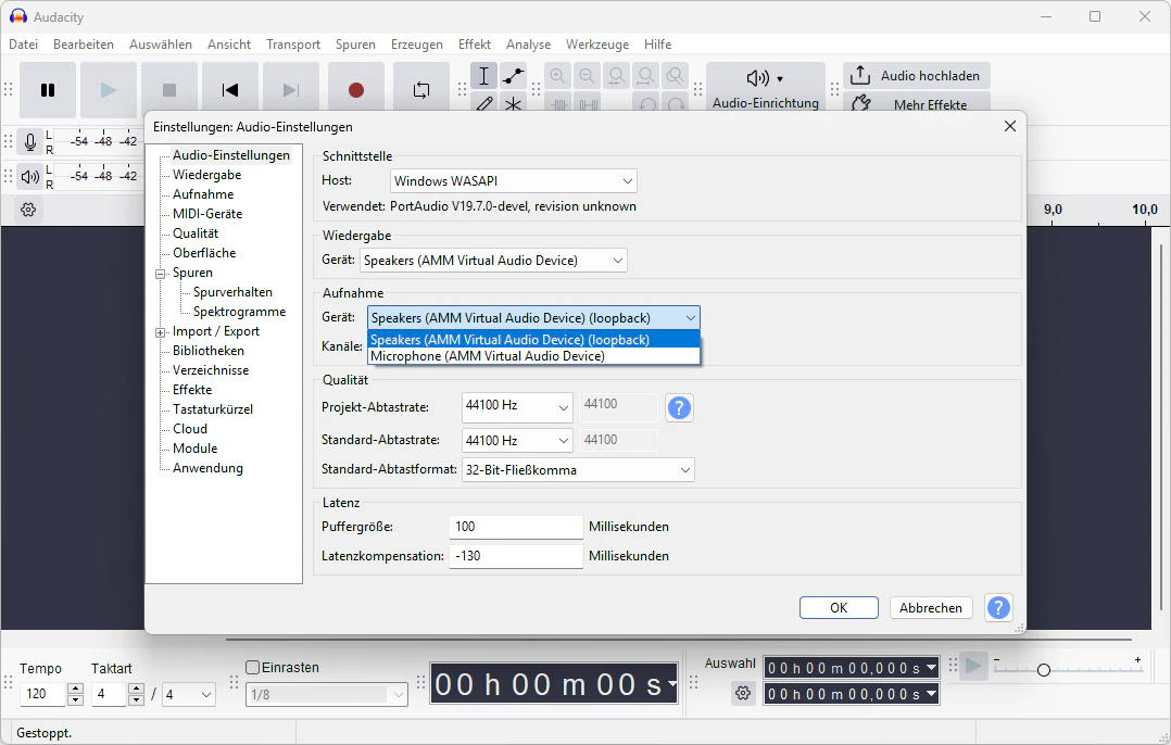 Audacity: Loopback-Gerät oder BlackHole als Aufnahmequelle wählen
