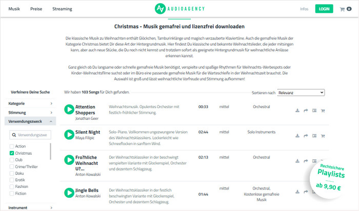 gemafreie Weihnachtslieder bei Audioagency