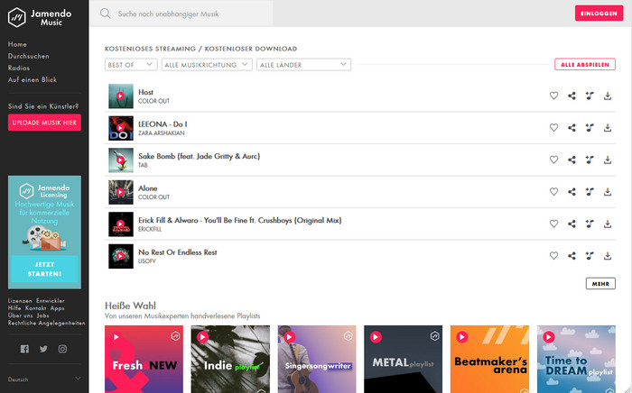 Musik auf Jamendo ohne Anmeldung kostenlos hören