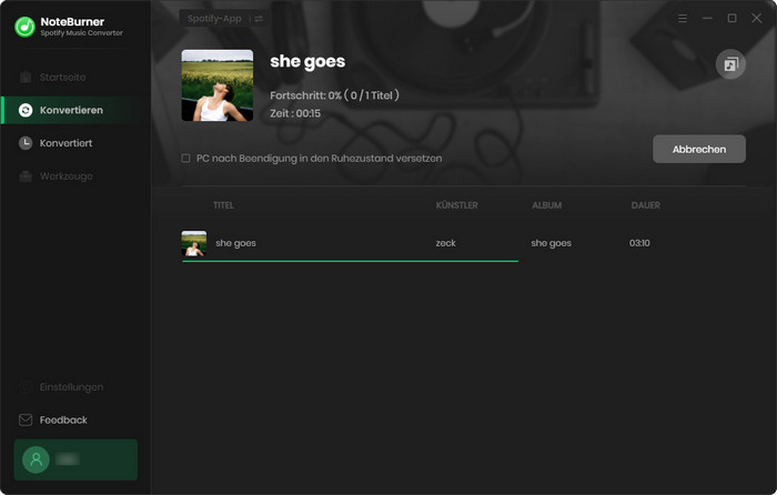 Konvertierung der Spotify Songs bei NoteBurner