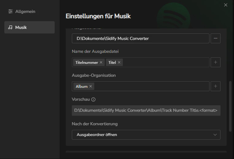 Einstellungen von Dateinamen bei Sidify