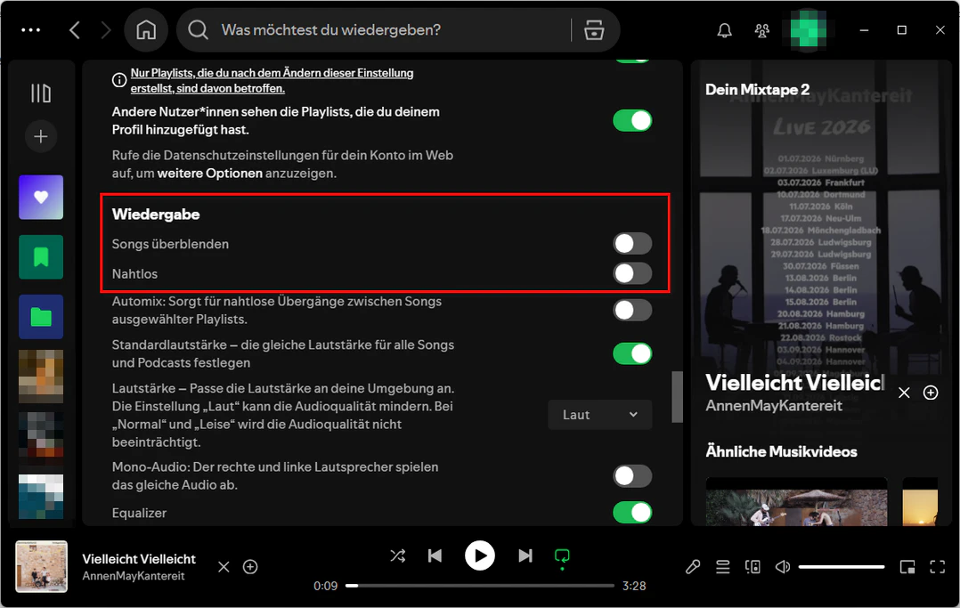 Spotify: überblenden und nahtlos deaktivieren