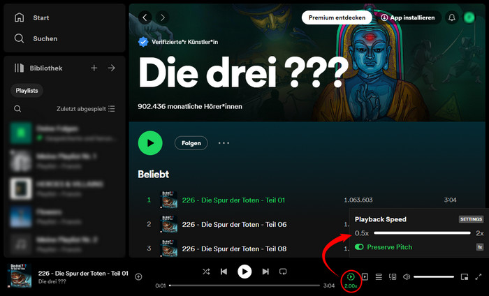 Spotify Geschwindigkeit ändern auf dem Webplayer