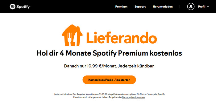 Spotify Premium kostenlos mit Lieferando bekommen