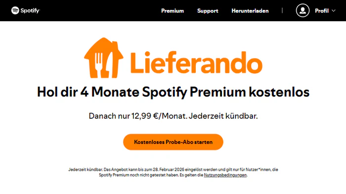 Spotify Premium kostenlos mit Lieferando bekommen