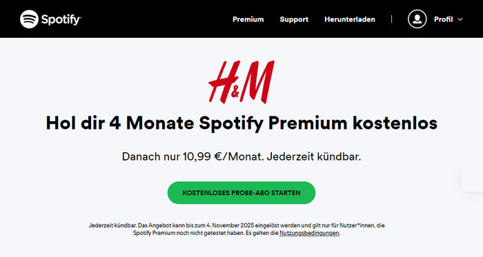 Spotify Premium gratis bei HM erhalten