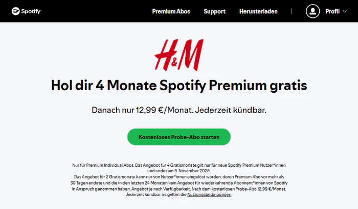 Spotify Premium gratis bei HM erhalten