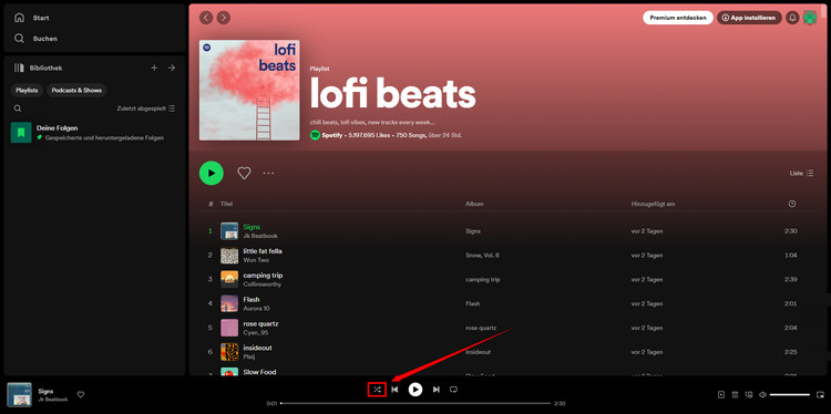 Spotifiy Shuffle im Web deaktivieren