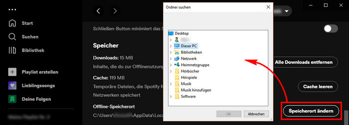 Spotify-Speicherort auf dem PC ändern