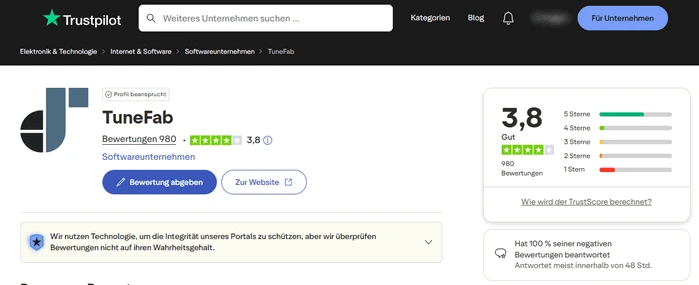 TuneFab auf Trustpilot