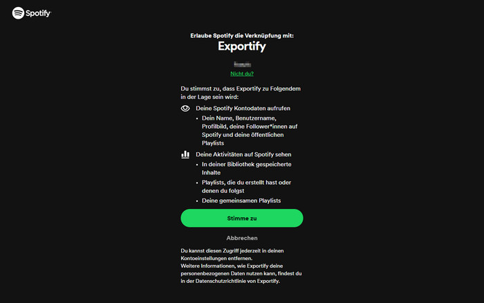 Exportify mit dem Spotify-Konto verbinden