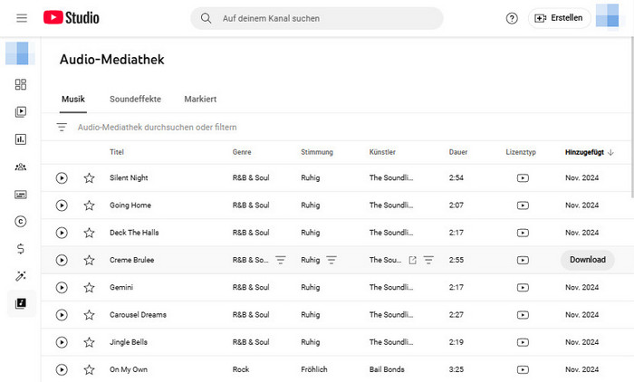 lizenzfreie Weihnachtslieder bei YouTube Audio Library