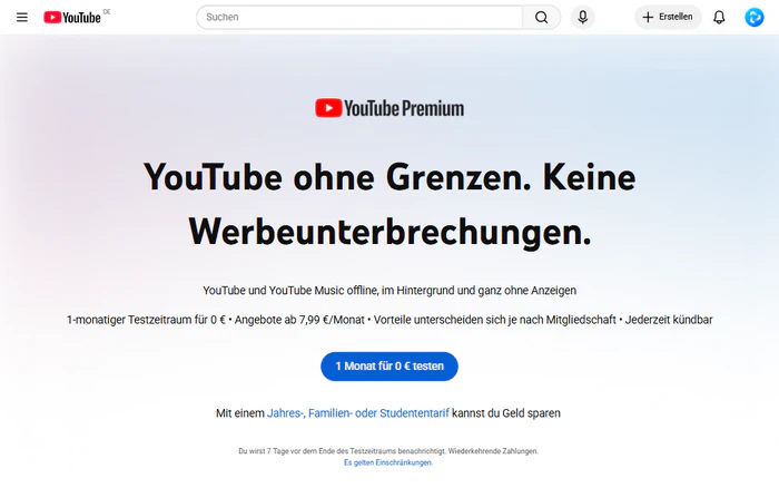 YouTube Premium 1 Monat lang kostenlos nutzen