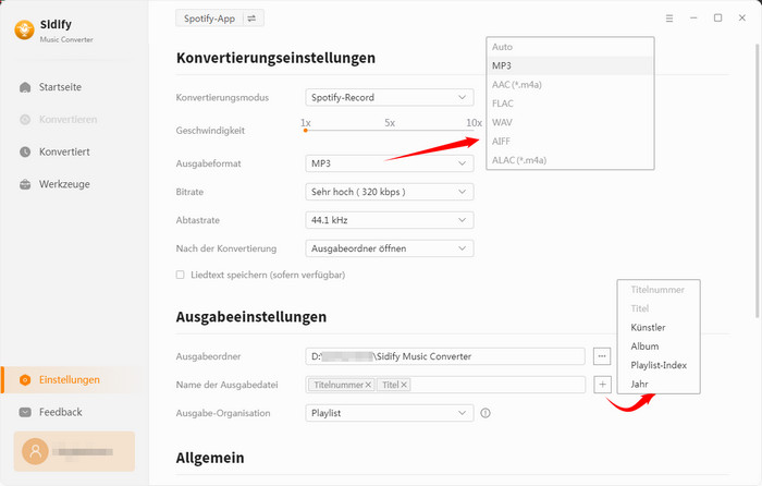 Einstellungen von Spotify Songs