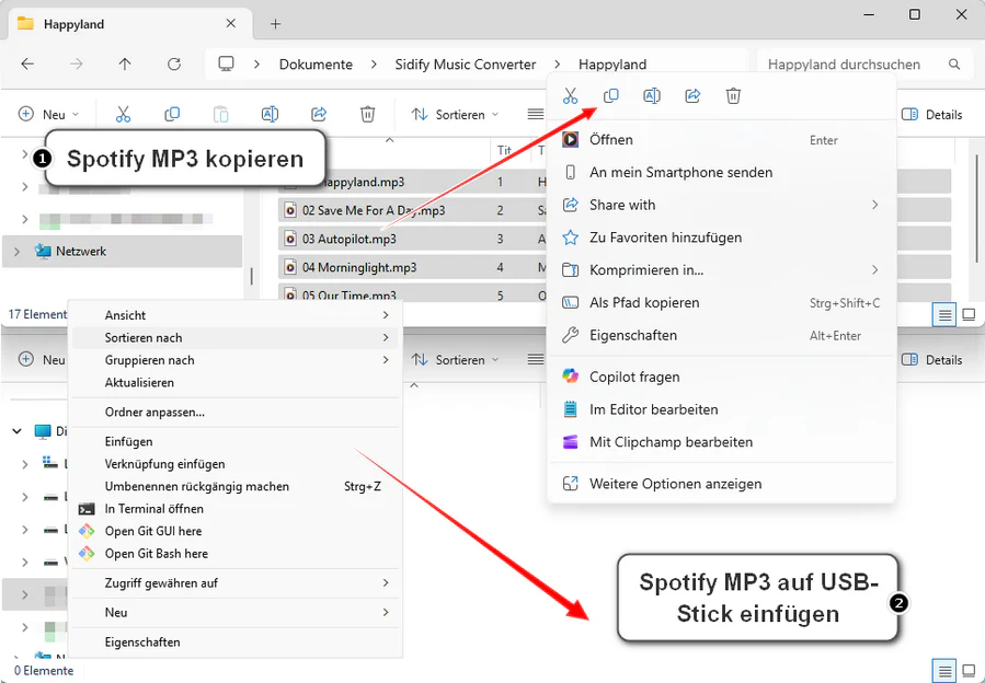 Alle umgewandelten MP3-Dateien finden und auf USB übertragen