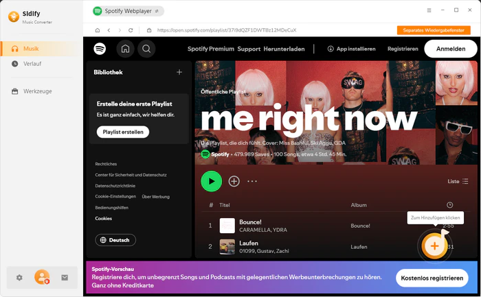 Songs von Spotify Webplayer hinzufügen