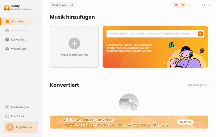 Hauptschnittstelle von Sidify Music Converter Free