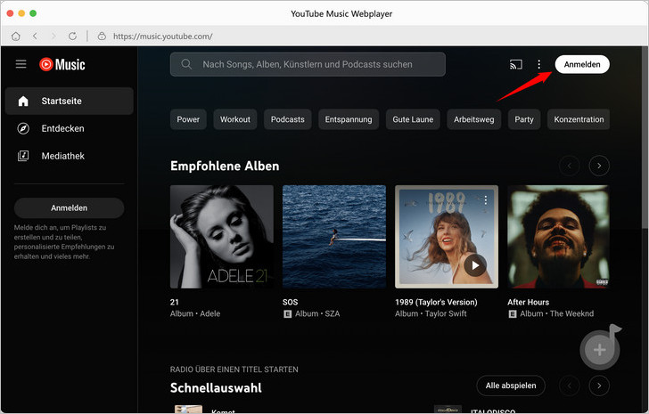 Sich bei YouTube Music anmelden