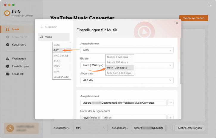 Konvertierungseinstellungen von YouTube Music