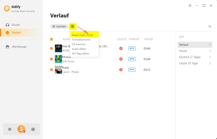 Menü auf der Verlaufsseite