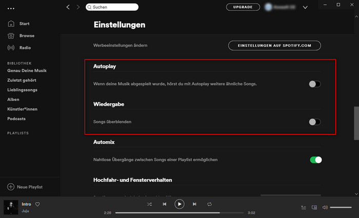 AutoPlay und Crossfade deaktivieren