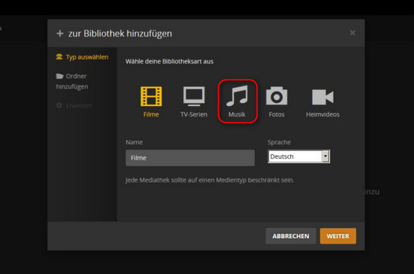 Musikbibliothek zu Plex hinzufügen