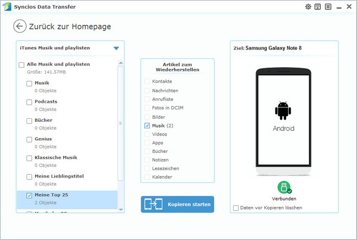 Übertragen Sie iTunes Musik auf Samsung Galaxy Note 8